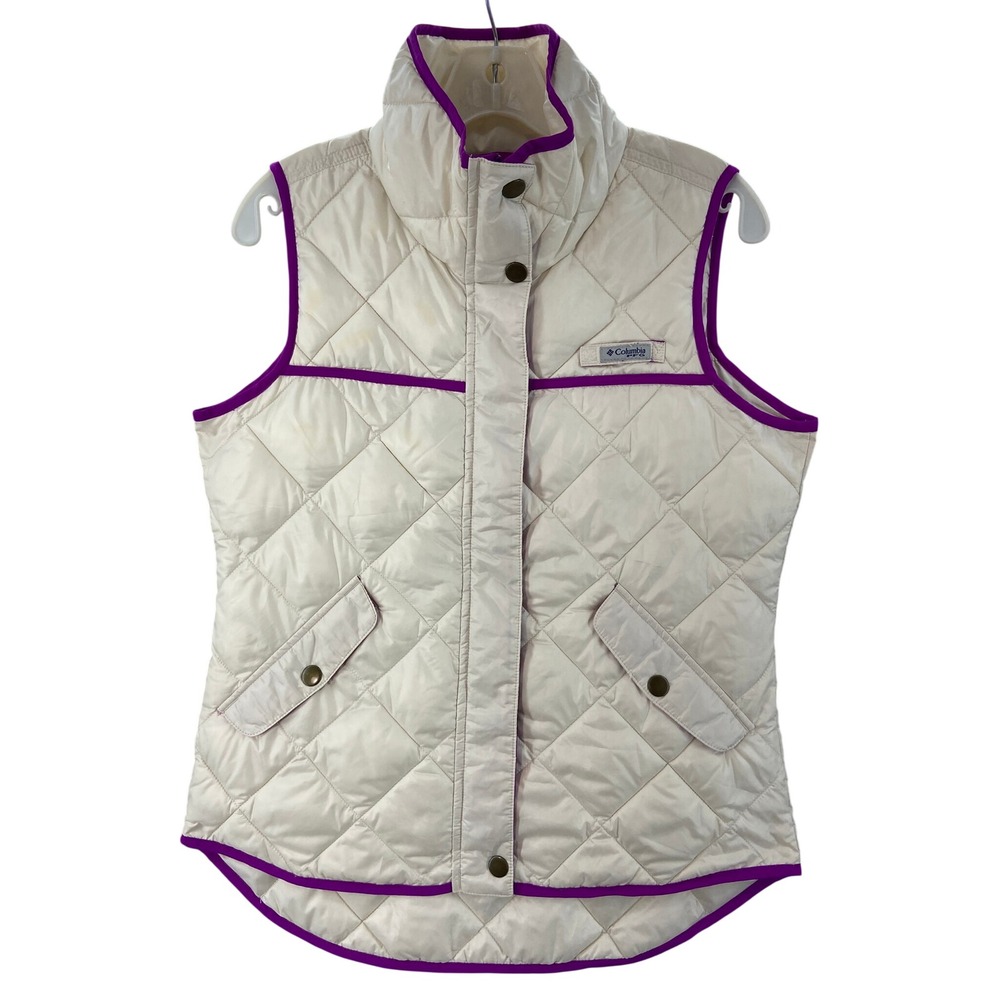 Columbia PFG Quilted Vest Women Small Cream Purple Trim Insulated Mock Neck